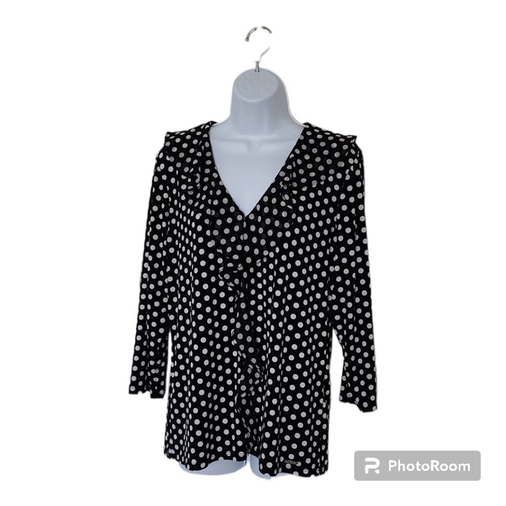 COPY - NWOT💃🏼 Calvin Klein ¾ Sleeve Ruffle Front Black & White Polka Dot Top